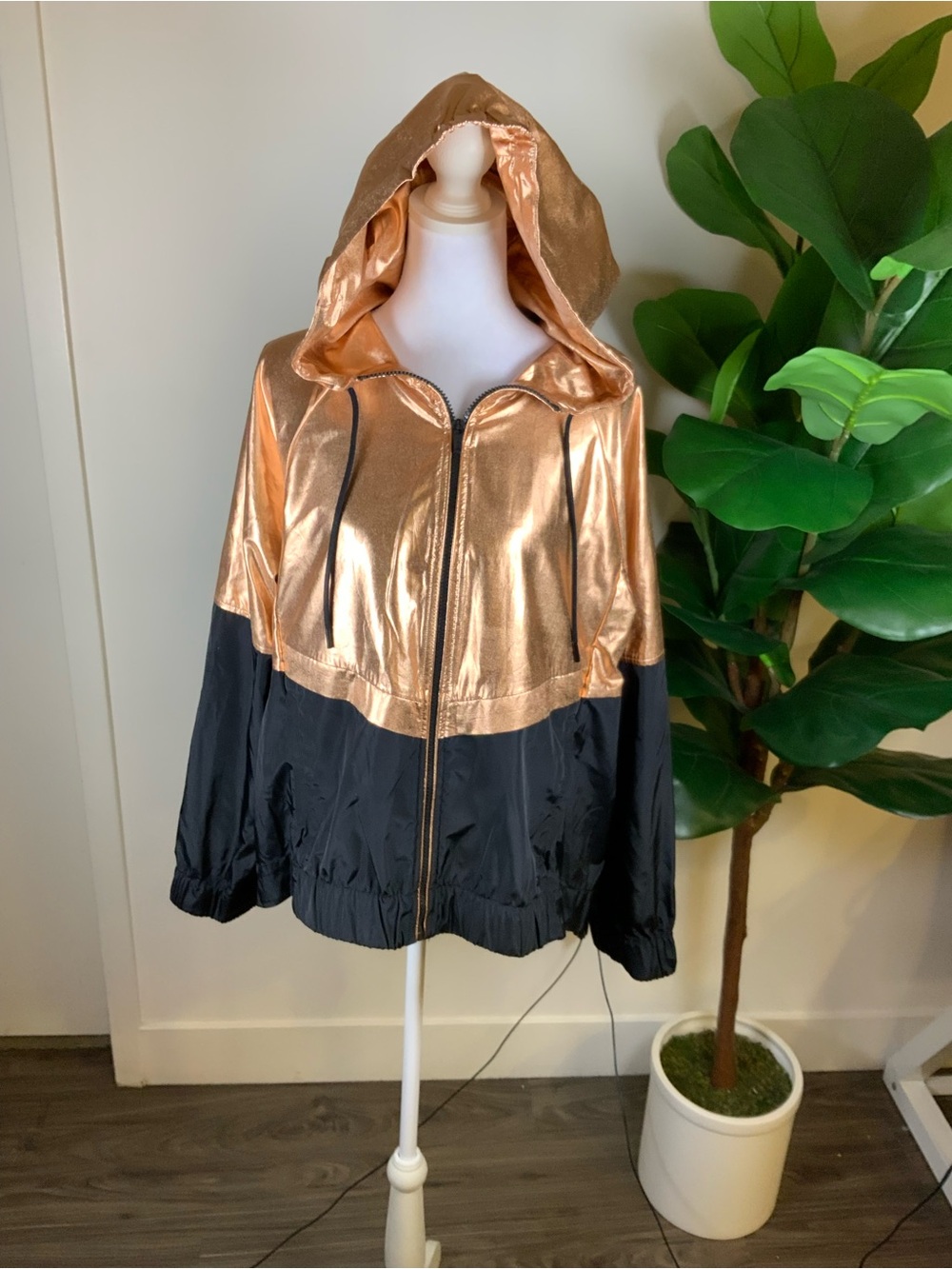 DKNY Metallic Rose Gold and Black Hooded Bomber Jacket